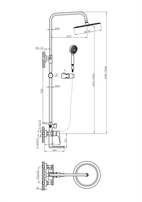 BELBAGNO Ancona Душевая стойка со смесителем для ванны, верхним и ручным душем, хром ANCONA-VSCM-CRM. Диаметр верхнего душа 25 см. - фото 234715