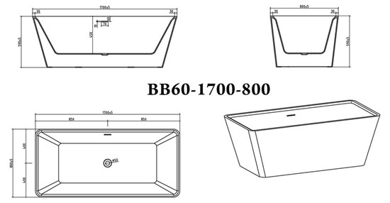 BELBAGNO Ванна акриловая BB60-1700-800, отдельностоящая, размер 170х80 см, белая - фото 238926