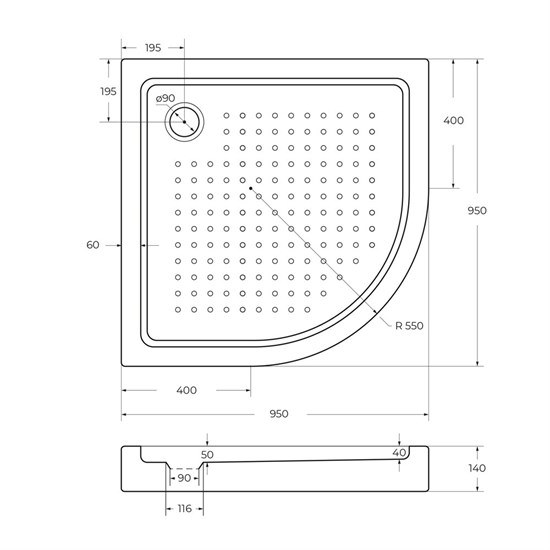 CEZARES Акриловый поддон TRAY-A-R-95-550-15-W полукруглый, размер 95х95 см, высота 15 см, цвет белый TRAY-A-R-95-550-15-W - фото 248001