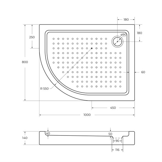 CEZARES Акриловый поддон TRAY-A-RH-100/80-550-15-W-R полукруглый-асимметричный, размер 100х80 см, высота 15 см, цвет белый - фото 248004