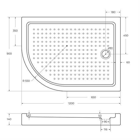 CEZARES Акриловый поддон TRAY-A-RH-120/90-550-15-W-R полукруглый-асимметричный, размер 120х90 см, высота 15 см, цвет белый - фото 248010