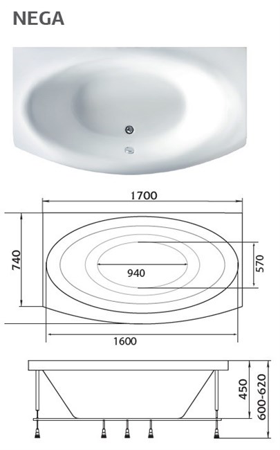 1MARKA Nega Ванна асимметричная пристенная размер 170х95 см, цвет белый - фото 259161