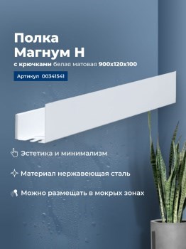 AQUANET Полка Магнум Н 90x12 белая матовая, с крючками AQUANET-341541 - фото 336664