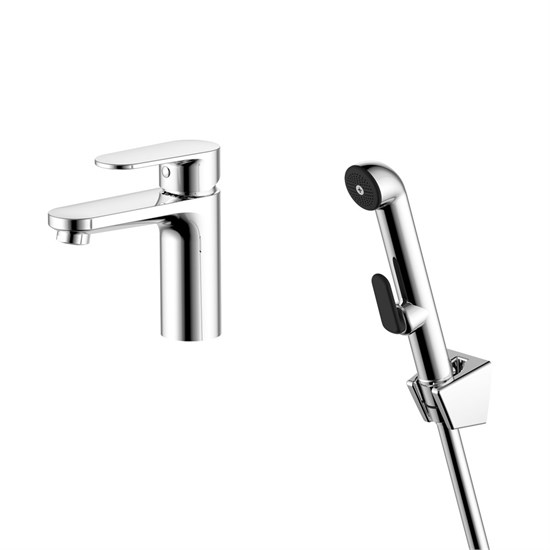 AQUATEK AQ1812CR НИКА Смеситель для раковины 90 без донного клапана с гигиеническим ручным душем, хром AQ1812CR - фото 338571