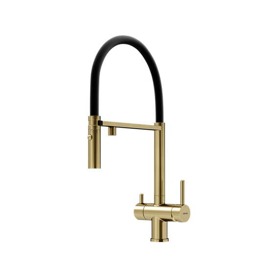 SANCOS Смеситель для кухни Imola с гибким изливом и возможностью подключения фильтра для воды, цвет брашированное золото с черным изливом, арт. SC4010BGbh SC4010BGbh