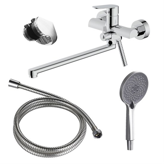 AZARIO Смеситель для ванны Alanti керамический картридж, длинный излив, с ручным душем, шланг 150 см, хром (AZ-K1732) AZ-K1732