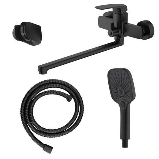 AZARIO Смеситель для ванны Conda керамический картридж, длинный излив, с ручным душем, шланг 150 см, черный матовый (AZ-K1711B) AZ-K1711B
