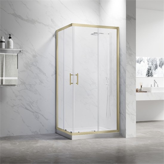 VECONI Душевой угол квадратный, двери раздвижные Rovigo RV-27G, 900x900x1900, золото брашинг, прозрачное стекло RV27G-9090-01-C8