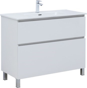 AQUANET Тумба с раковиной Вега 100 (Flat) напольная 2 ящ. цв. белый глянец AQUANET-345379