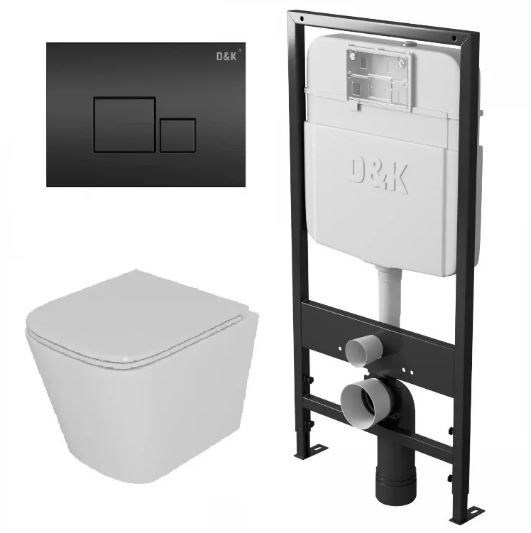 DK Комплект Унитаз подвесной безободковый (торнадо) D&K Berlin DT1436516, 490*340*350мм, сиденье микролифт, белый+Инсталляция рамная скрытого монтажа D&K DI8055119, 550*100*1190мм, для подвесного унитаза, универсальная+Клавиша смыва D&K Quadro DB1519025, DS1431614