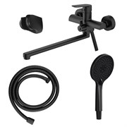 AZARIO Смеситель для ванны Alanti керамический картридж, длинный излив, с ручным душем, шланг 150 см, черный матовый (AZ-K1732B) AZ-K1732B